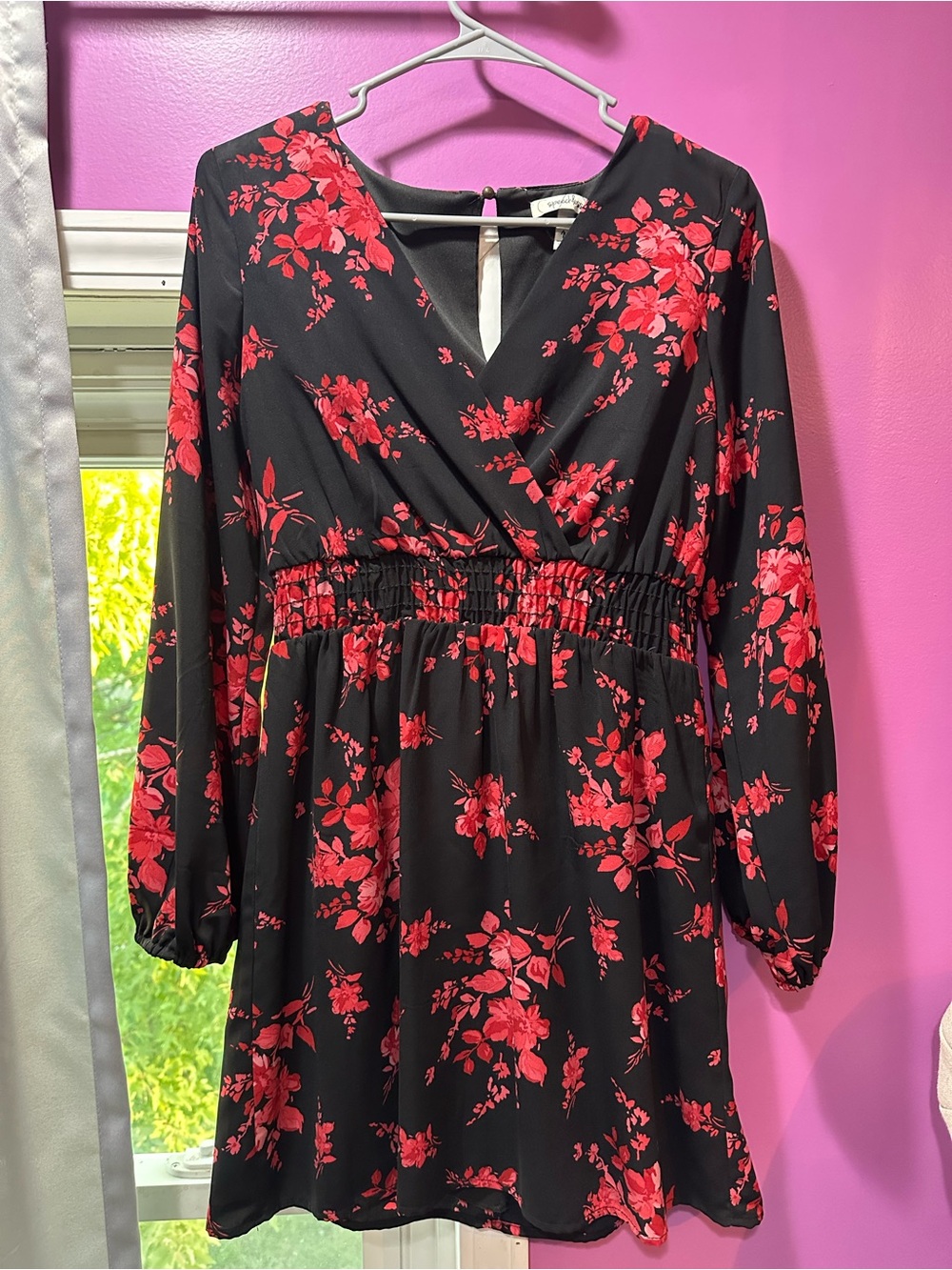 Speechless Black Long-Sleeve Floral Wrap Dress with Red Print